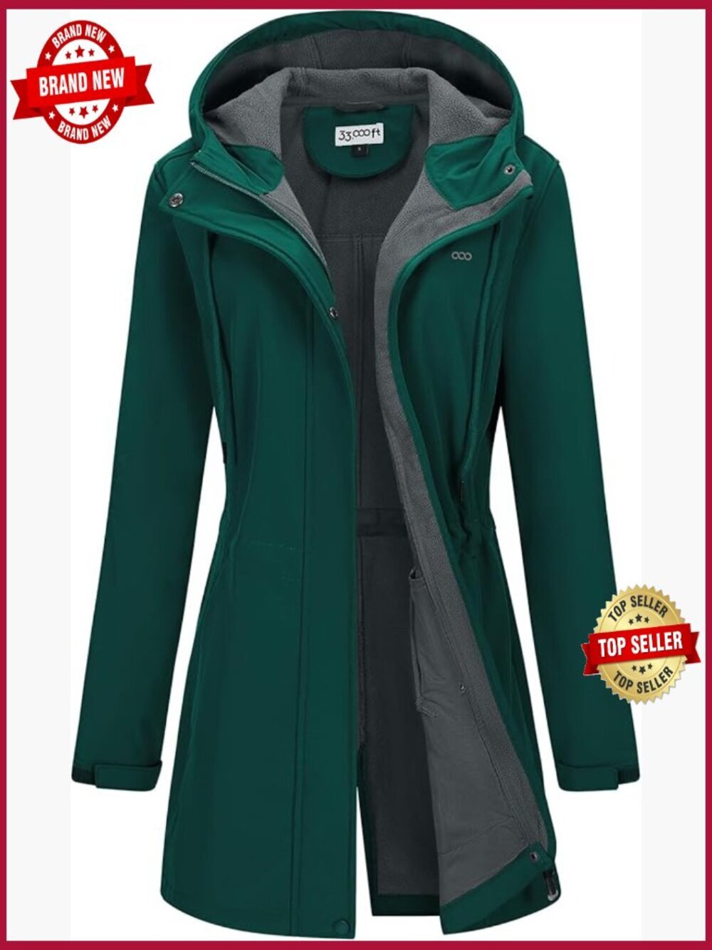 Women's Softshell Long Jacket with Hood Fleece Lined Windproof Waterproof